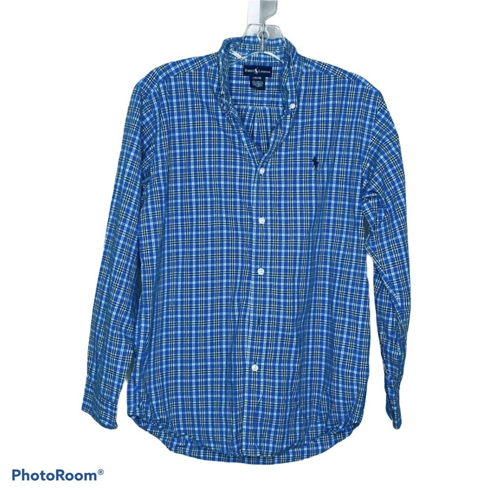 Ralph‎ Lauren Boy's Oxford Shirt Blue Plaid Collared Long Sleeve Size Large